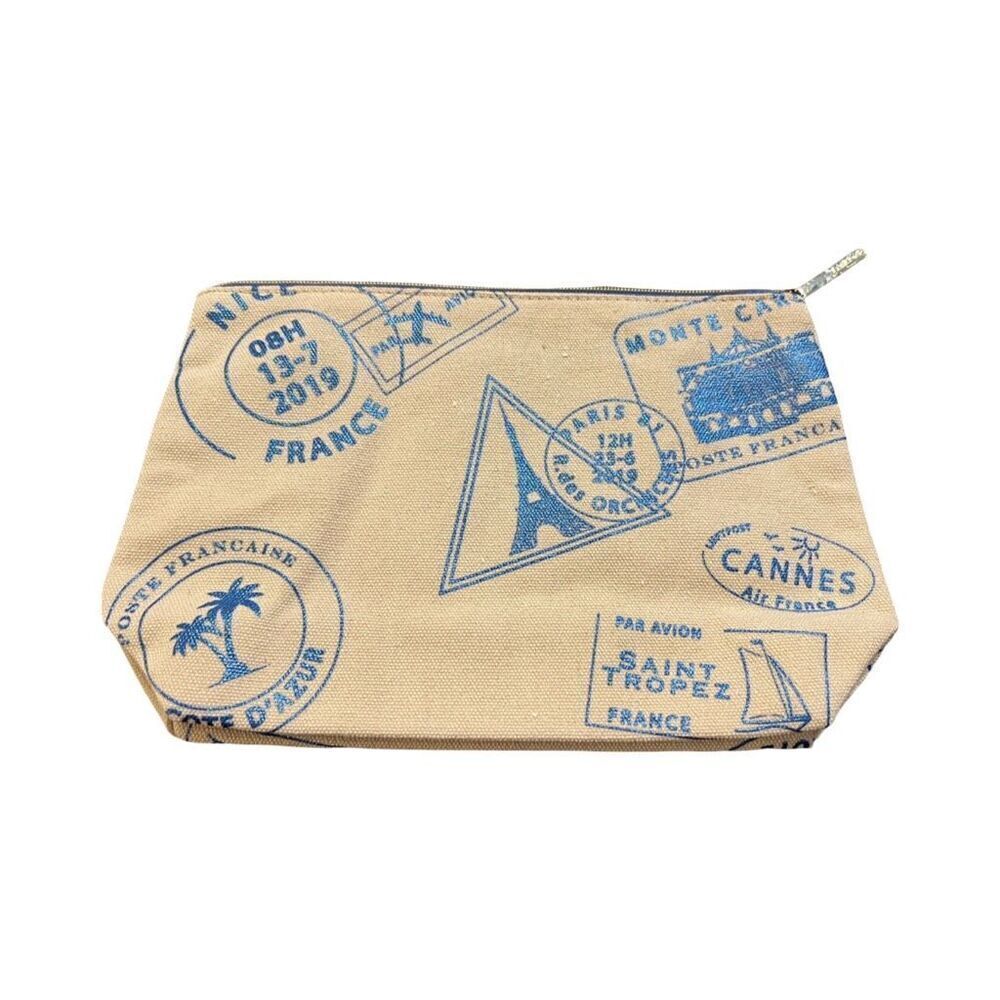 Lancôme Beige Canvas French Travel Pouch in Blue Stamps - Vintage Aesthetic